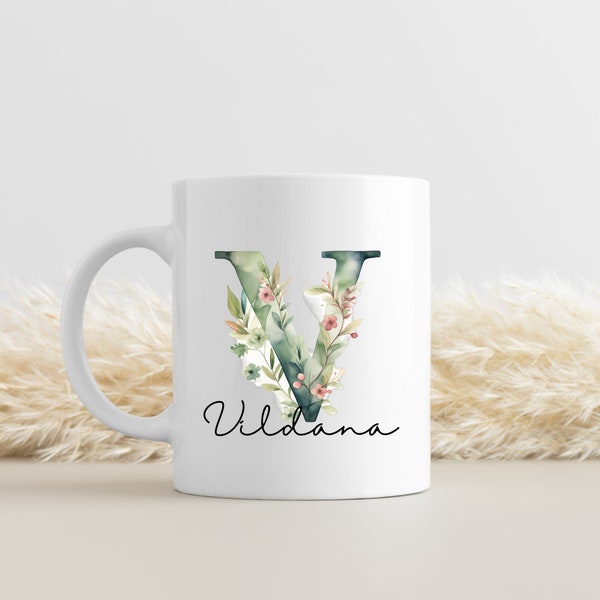 Tasse personalisiert | Kaffeetasse | Monogram | Blumen Design | Geschenkidee | Wunschname und Buchstabe