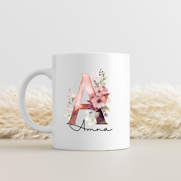 Tasse personalisiert | mit Name und Buchstabe | Wunsch | Kaffeetasse | florales Design | Geschenk