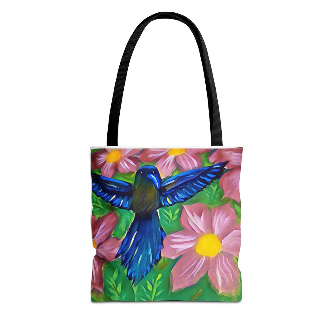 Blue Hummingbird and Pink Flowers Tote Bag | Floral Bird Artwork - Etsy