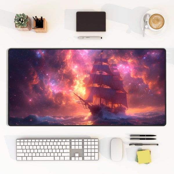 Celestial Pirate Ship Surrounded by Galaxies Desk Mat