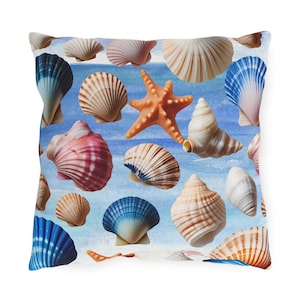 Coastal Seashell Outdoor Pillow Nautical Beach Throw Cushion Ocean Theme Patio Decor Waterproof Pillow for Garden or Porch Home Styling