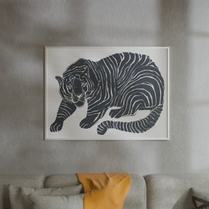 Serene Sentinel: Vintage Block Print Style Tiger Illustration Aesthetic Poster - Large Wall Art - Antique Vibe Living Room Decor