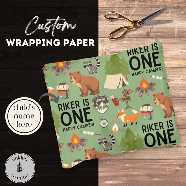 One Happy Camper 1st Birthday Camping Theme Custom Gift Wrap First Bday Camp Themed Party Supplies One Year Old Personalized Wrapping Paper