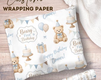 Papel de regalo personalizado para el primer cumpleaños de Beary / Decoración para fiesta de primer cumpleaños / Papel de regalo personalizado