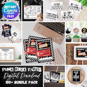 May include: A collage of digital party supplies with a punk rock theme. Includes printable invitations, cupcake toppers, coloring pages, and editable Canva files. The color scheme is black, white, and red.