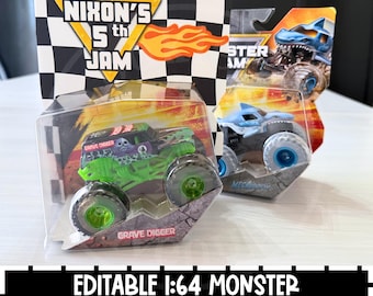 May include: Two 1:64 scale monster truck toys in original packaging. One is a green and black Grave Digger truck, the other is a blue Megalodon shark truck. The packaging features a black and white checkered flag design and text reading Nixon's 5th Jam.