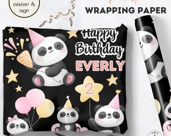 Digitale Panda-verjaardagsuitnodiging en gepersonaliseerd inpakpapier Eerste verjaardag Panda-feestartikelen Panda-uitnodiging Bewerkbare Panda HBD-banner