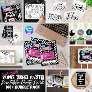 Warped Four Pink Teal Printable Party Pack Birthday Banner Warped Two'r Editable Birthday Invitation Bundle Punk Rock 4th Birthday 2nd bday