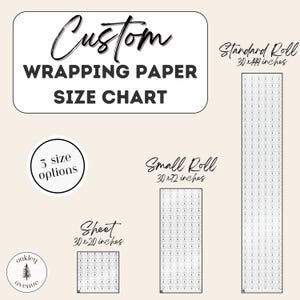 K&ouml;nnte beinhalten: Eine Gr&ouml;&szlig;entabelle f&uuml;r individuelles Geschenkpapier mit drei Optionen: ein Blatt mit den Ma&szlig;en 30 x 20 Zoll, eine kleine Rolle mit den Ma&szlig;en 30 x 72 Zoll und eine Standardrolle mit den Ma&szlig;en 30 x 144 Zoll.