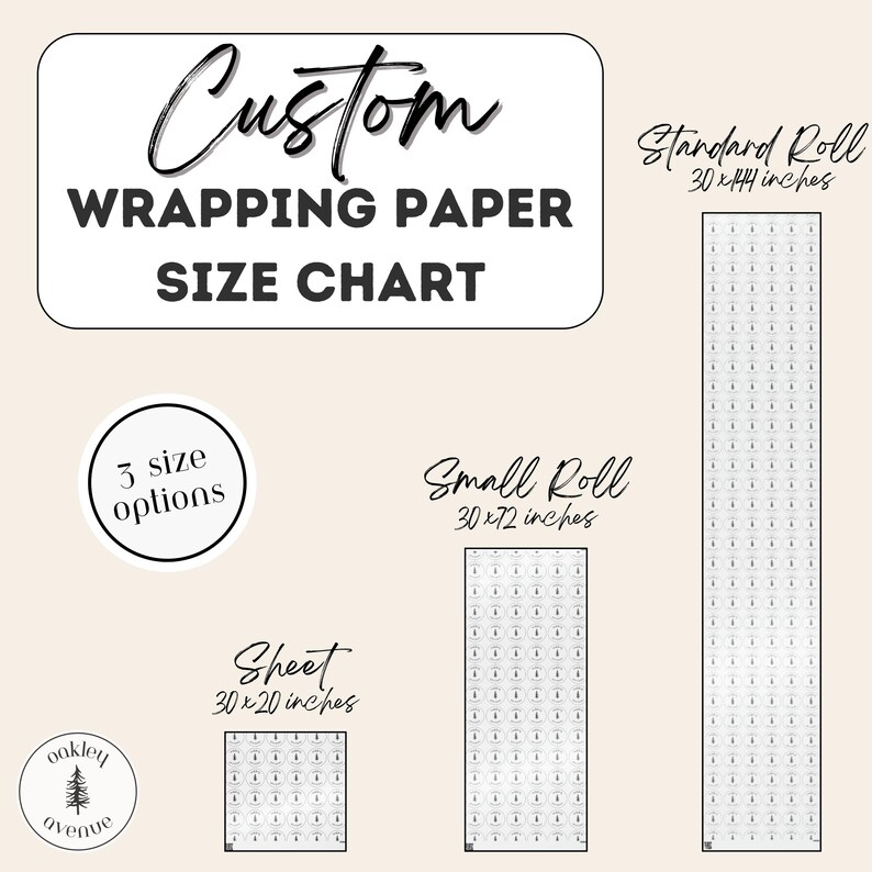 K&ouml;nnte beinhalten: Eine Gr&ouml;&szlig;entabelle f&uuml;r individuelles Geschenkpapier mit drei Optionen: ein Blatt mit den Ma&szlig;en 30 x 20 Zoll, eine kleine Rolle mit den Ma&szlig;en 30 x 72 Zoll und eine Standardrolle mit den Ma&szlig;en 30 x 144 Zoll.