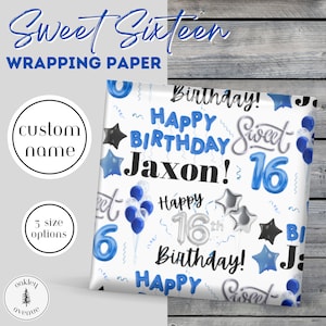 Carta da regalo personalizzata per la festa di compleanno dei dolci sedici anni Forniture per feste di compleanno per ragazzi Decorazioni blu e argento Carta da regalo personalizzata Compleanno per ragazzi