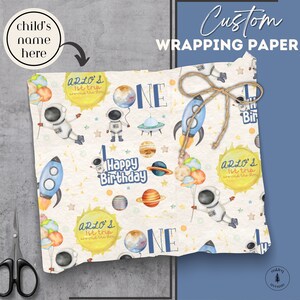 First Trip Around the Sun Gift Wrap | Outer Space Personalized Wrapping Paper |  Astronaut 1st Birthday Party Supplies