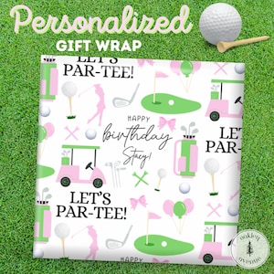 Let's Par-Tee Custom Gift Wrap Pink Golf Birthday Party Decorations Personalized Wrapping Paper Women's Golfer B-day Party Supplies