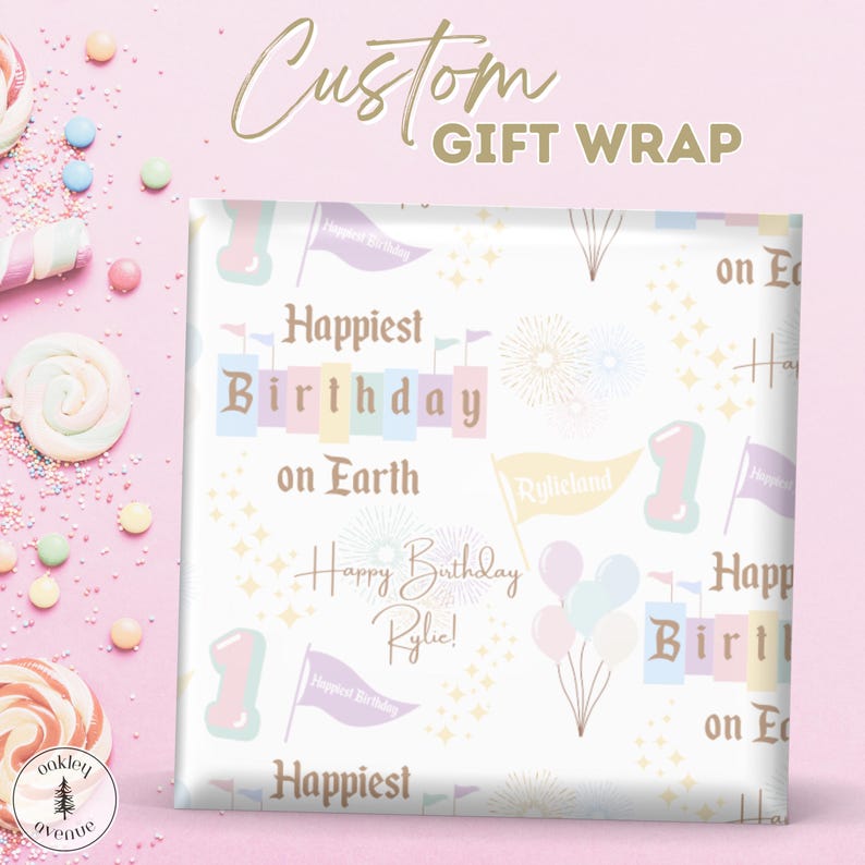 May include: A square gift wrap with a white background and a repeating pattern of birthday-themed graphics. The design includes the text "Happiest Birthday on Earth" and "Happy Birthday Rylie!" in various fonts, along with flags, balloons, and the number "1".