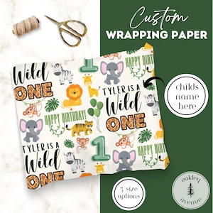 Wild One Jungle Theme Birthday Custom Gift Wrap First Birthday Party Jungle Animal Bday Party Supplies Personalized Wrapping Paper 1st B-day