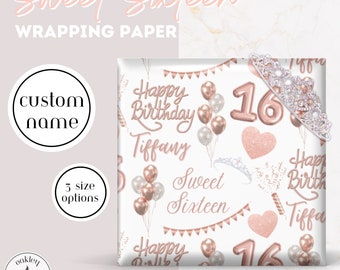 Sweet Sixteen Birthday Party Custom Gift Wrap 16th Bday Party Supplies Rose Gold Decorations Personalized Wrapping Paper For Girls B-day
