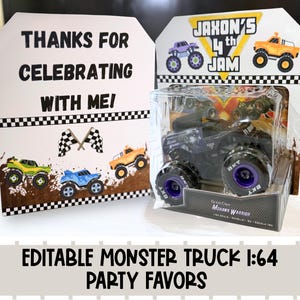 May include: A party favour set with a black monster truck toy in a clear plastic package. The packaging includes the text "Jaxon's 4th Jam". A card reads "Thanks for Celebrating With Me!" with monster truck graphics.