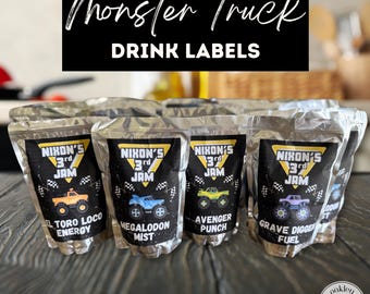 Custom Monster Truck Drink Labels Editable Digital Juice Box Label Truck Jam Birthday Party Supplies Truck Water Bottle Label Printable
