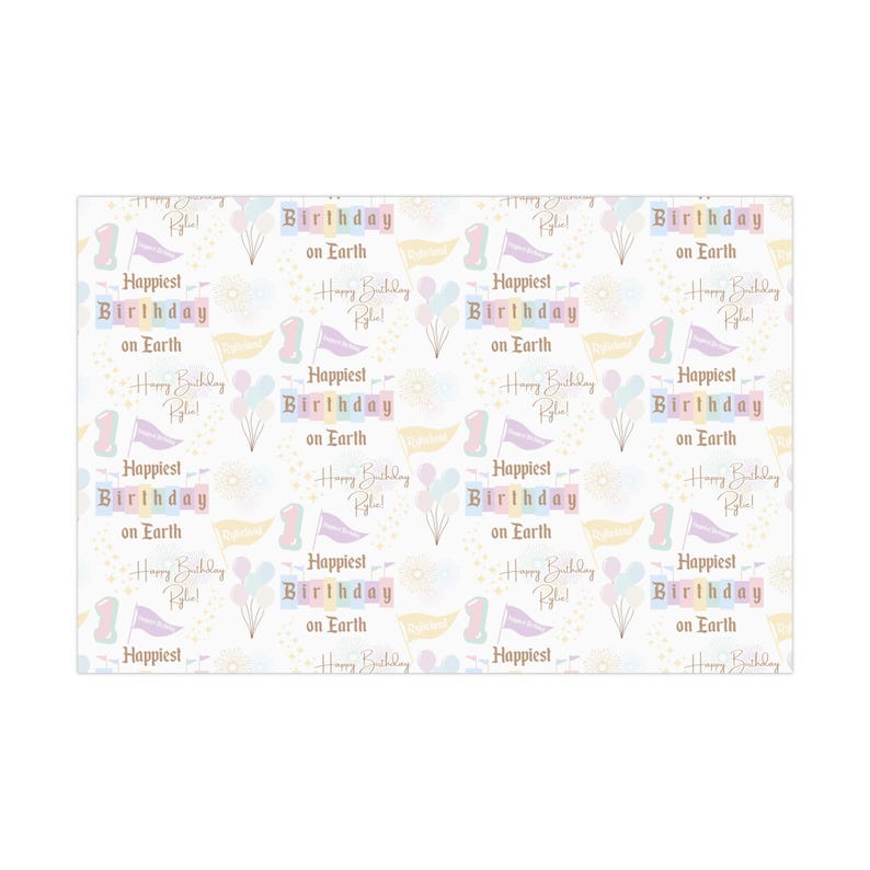 May include: White wrapping paper with a repeating pattern of birthday-themed graphics. The design includes text that reads "Happiest Birthday on Earth," along with flags, balloons, and floral elements in pastel colors.