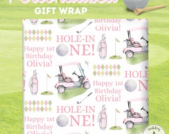 Hole-in-one roze gepersonaliseerd cadeaupapier, golfdecoraties voor de eerste verjaardag, golfpar-tee gepersonaliseerd inpakpapier, feestartikelen voor de eerste verjaardag