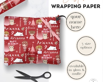 Papel de regalo personalizado de Navidad de anime, papel de regalo personalizado de gato kawaii, papel de regalo festivo de manga con nombre, papel de regalo decorativo navideño otaku