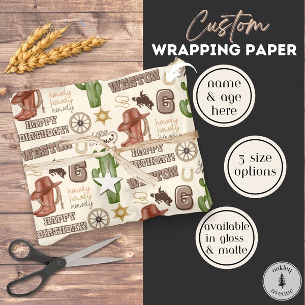 Cowboy Custom Birthday Gift Wrap | Western Personalized Wrapping Paper | Cowboy Themed Bday Party Supplies | Rodeo Giftwrap | Boy B Day Wrap