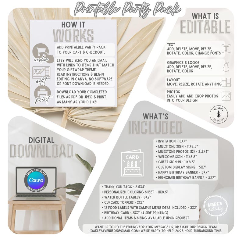 K&ouml;nnte beinhalten: Druckbarer Party-Pack mit editierbaren digitalen Dateien f&uuml;r eine Geburtstagsfeier. Das Paket beinhaltet eine Einladung, ein Meilenstein-Schild, ein Willkommens-Schild, ein G&auml;ste-Anmeldeschild, kundenspezifische Displayschilder und Geburtstagsbanner. Der Text "What is Editable" ist in einem Kasten mit einem Bleistift-Symbol hervorgehoben. Der Text "What's Included" ist in einem Kasten mit einem Geburtstagstorten-Symbol hervorgehoben.