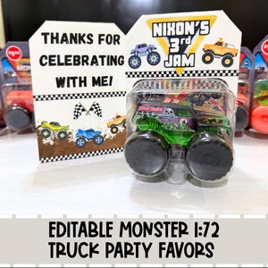 Op de afbeelding: Een groen en zwart monstertruckspeelgoed in een doorzichtige plastic verpakking, met de woorden "GRAVE DIGGER" erbovenop. De verpakking bevat een label met de tekst "NIXON'S 3rd JAM" en "THANKS FOR CELEBRATING WITH ME!" De onderkant van de afbeelding zegt "EDITABLE MONSTER 1:72 TRUCK PARTY FAVORS."