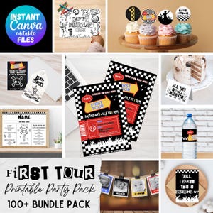 Puede incluir: Un paquete de fiesta imprimible para un primer cumpleaños con temática de rock and roll. El paquete incluye una variedad de artículos, como invitaciones, etiquetas para alimentos y decoraciones. Los artículos están decorados con un patrón de cuadros blanco y negro, una calavera y huesos cruzados, y las palabras "First Tour".