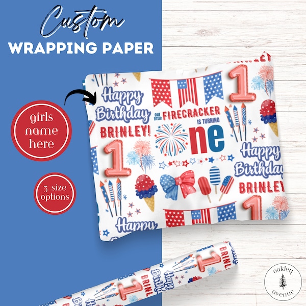 Our Little Firecracker Is Turning One 1st Birthday Custom Gift Wrap 4th Of July Themed B-day Party Decorations Personalized Wrapping Paper