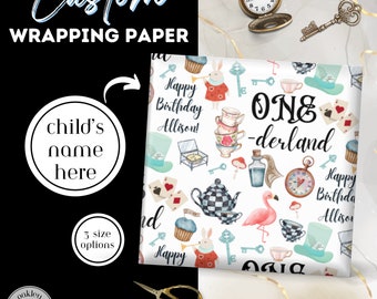 Alice In Wonderland Themed Onederland Custom Gift Wrap 1st Birthday Decor Party Supplies First B-day Decorations Personalized Wrapping Paper
