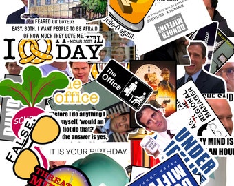 May include: A collage of stickers featuring characters and quotes from the popular television show "The Office". The stickers are colorful and feature a variety of designs, including the Dunder Mifflin logo, the office building, and characters like Michael Scott, Dwight Schrute, and Jim Halpert.