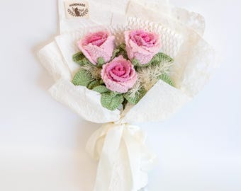 Ramo de rosas de crochet, ramo de flores de crochet, rosa de crochet, ramo de flores de crochet, flores hechas a mano, flor hecha a mano, regalo para novia