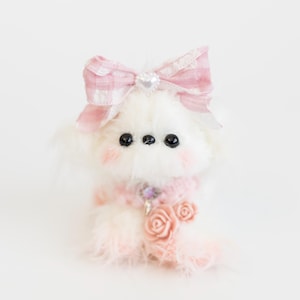 Handmade Pipe Cleaner Dog - Handmade Dog Plush – Fluffy Dog Plushie - Finished Product - Maltese Pink Bow