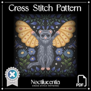 May include: Cross stitch pattern featuring a gray opossum with yellow butterfly wings, surrounded by blue and white flowers on a black background. The pattern is titled "Noctilucentia Cross Stitch Patterns" and includes a "Tested" label.