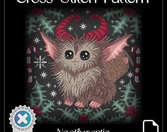 Cute Krampus - cross stitch pattern PDF - holidays christmas yule winter folklore monster demon cryptid adorable DIY pillow