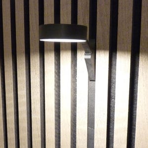 Op de afbeelding: Een moderne zwarte wandlamp met een cilindrische lampenkap, gemonteerd op een donkere metalen arm. De lamp is geplaatst tegen een achtergrond van verticale houten panelen in afwisselende lichte en donkere tinten, waardoor een getextureerde muur ontstaat.