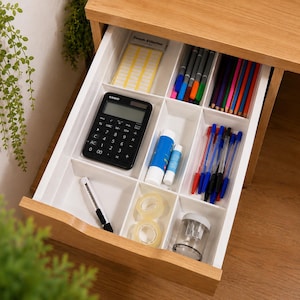 Pode incluir: Uma gaveta de secretária em madeira clara com um tabuleiro organizador de plástico branco com vários compartimentos. O tabuleiro contém uma calculadora Casio preta, lápis de cor, canetas, cola em stick, etiquetas, rolos de fita, um x-ato e um afia-lápis.