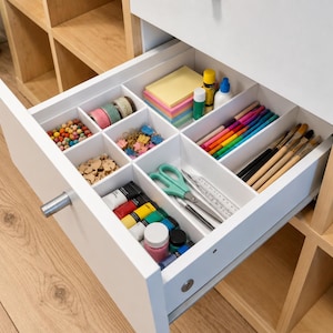Könnte beinhalten: Ein weißer Schubladenorganizer mit mehreren Fächern, der verschiedene Bastelmaterialien enthält, darunter bunte Perlen, Holzformen, Washi-Tape, Haftnotizen, Kleber, Stifte, Farbtuben, eine Schere, ein Lineal und verschiedene Pinsel.