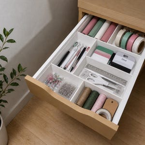 Könnte beinhalten: Eine offene Holzschublade mit weißen Kunststofftrennern zur Organisation von Bastelbedarf, darunter Vinylrollen, Washi-Tape, Präzisionswerkzeuge, ein Metalllineal, eine weiße Schere, ein Cricut-Schaber, Garn und kleine Metallverschlüsse.