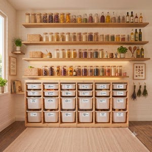 May include: A pantry organization system featuring four wooden shelves filled with glass jars containing various dry goods, woven baskets, and bottles. Below, a wooden storage unit holds white plastic bins with labels, arranged in six columns.