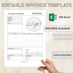 Könnte beinhalten: Editierbare Rechnungsvorlage im Microsoft Excel-Format mit Makros für die automatische Rechnungserstellung und Buchhaltung. Die Vorlage enthält Felder für Firmenname, Rechnungsnummer, Datum, Bestelldatum, Bedingungen, Rechnung an, Beschreibung, Menge, Einzelpreis, MwSt., Gesamtbetrag, Zwischensumme, Kundennachricht, Firmenangaben, Zahlungsdaten und eine Dankesnachricht. Die Vorlage enthält auch einen Platzhalter für das Logo.