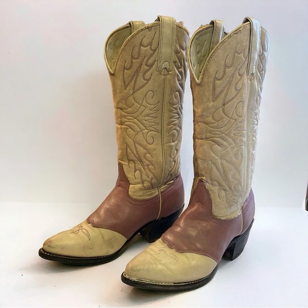 Rare Womens Vintage Wrangler Cream Dusty Rose Western Cowboy Boots Size 6 Trendy