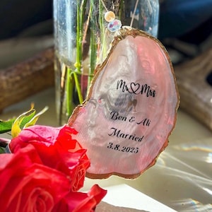 Personalized Oyster Shell Ornament: Engagement, wedding, baby shower, or gift for any occasion. Shiny pearl color w/gold trim.