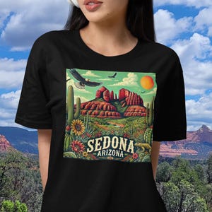 Sedona Arizona T-Shirt | Retro Desert Landscape Tee with Cactus & Red Rocks, Nature Hike Shirt, Vintage Southwest Gift, Scenic Sedona Art