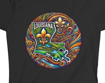 Louisiana Tee Shirt | Louisiana Map Art Women's Soft Style T-Shirt | Fleur-de-Lis & Jazz Louisiana T-Shirt | Louisiana Souvenir Gift Idea