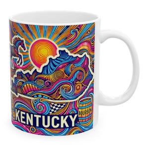 Kentucky Coffee Mug | Psychedelic Kentucky Bourbon & Horses Coffee Mug | Kentucky Mug Bluegrass State Souvenir Gift Idea (11oz, 15oz)