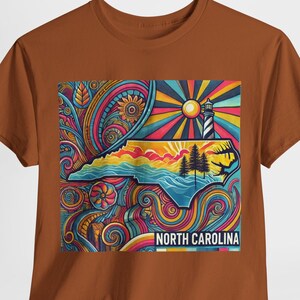 North Carolina Tee Shirt | Psychedelic North Carolina Coastline T-Shirt | State of North Carolina Trippy Tee Shirt | NC Souvenir Gift Idea image 2