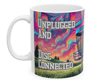 Taza de café psicodélica de disc golf / Diseño "Desconectado y conectado al disco"