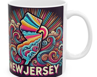Kubek z New Jersey | Ceramiczny kubek psychodeliczny z New Jersey | Pamiątka z podróży z New Jersey | Prezent ze stanu New Jersey | Kubek do kawy z New Jersey (11 uncji, 15 uncji)
